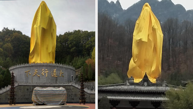 La estatua de Lao-Tse situada en el Jardín Cultural Lao-Tse de la Montaña de Laojun está completamente envuelta con tela amarilla.