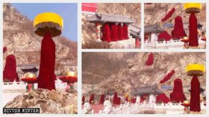 Las estatuas budistas situadas al aire libre en la Cueva de los Mil Budas han sido envueltas con telas rojas.