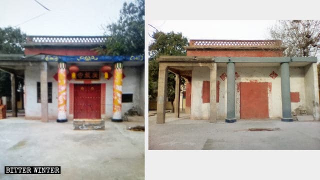 Las puertas y ventanas del templo antes y después de ser bloqueadas.