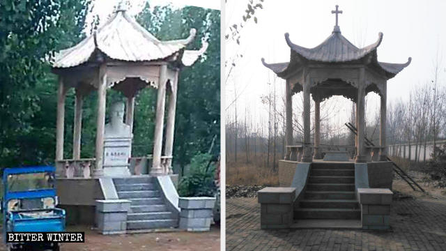 Pabellón de una iglesia católica antes y después de la remoción de las estatuas de un santo católico.
