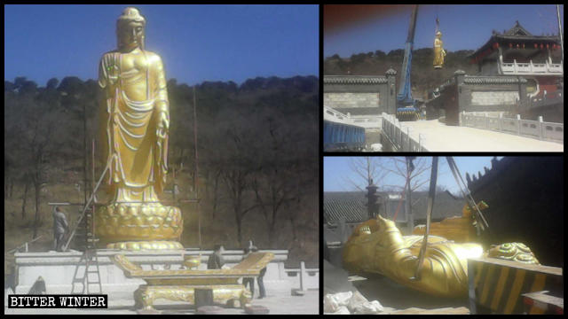 La estatua de Buda en el templo de Yongning antes y después de su remoción.