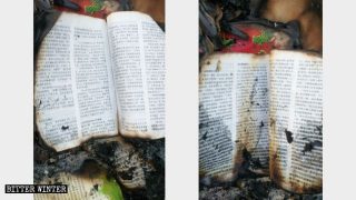 Las biblias quemadas que fueron rescatadas.