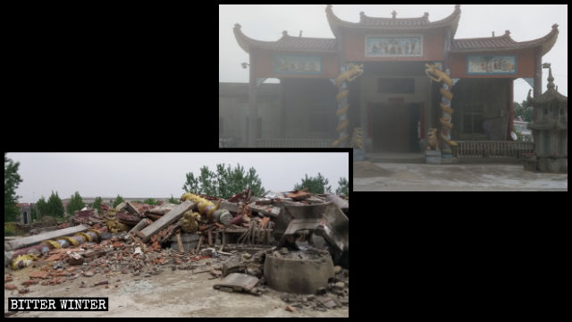 Templo de la Tierra Pura antes y después de la demolición.