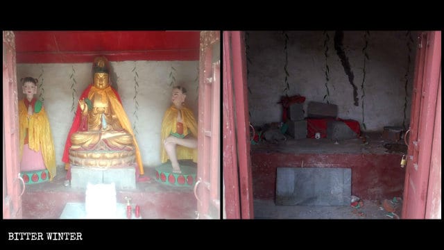 Estatua de Guanyin en el Templo de Shengquan antes y después de ser desmantelada.