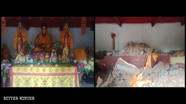 Estatuas budistas en el Salón de la Gran Fortaleza del Templo de Shengquan antes y después de ser destruidas.