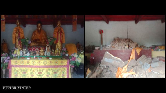Estatuas budistas en el Salón de la Gran Fortaleza del Templo de Shengquan antes y después de ser destruidas.