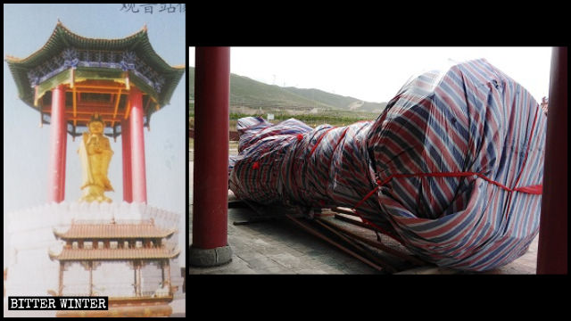 Estatua de Kwan Yin en el templo de Shanyuan, antes y después de ser demolida.