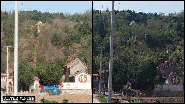 La estatua budista de la villa de Shangzhuang antes y después de ser ocultada.