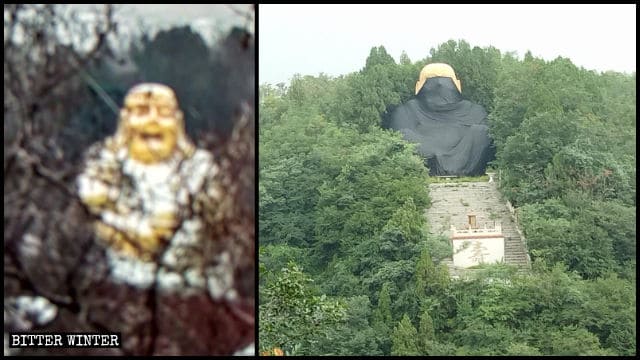 La estatua de Maitreya en el Valle de Liuxian antes y después de ser cubierta.