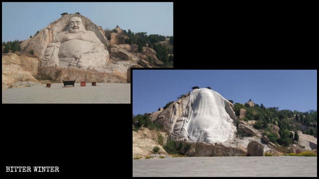 La estatua de Maitreya en la Montaña de Piedra de Entintar antes y después de ser cubierta.