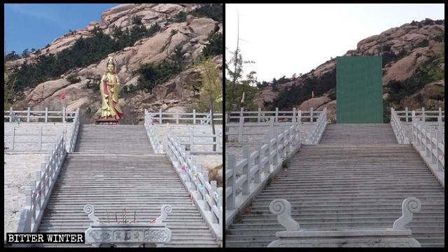 Una estatua de Bodhisattva que se halla situada en el templo de Gaofu de la ciudad de Pingdu fue cubierta luego de que el mismo fuera clausurado.