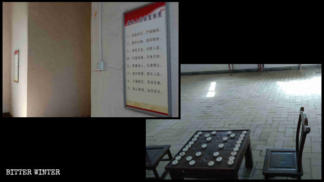 En la iglesia católica se han colocado un tablero de ajedrez y mesas de juego de cartas, y en uno de los muros de la misma se publicó un cartel en el que se detallan las normas que deben observarse en la sala de actividades para ancianos.