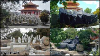 Estatuas de Arhats en el Templo Budista de Dongming antes y después de ser cubiertas.