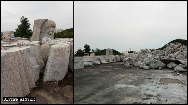 La estatua de Kwan Yin ha sido destrozada.