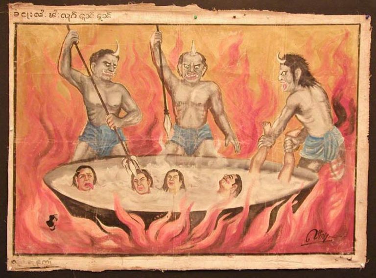 Representación budista de demonios torturando en el infierno a quienes cometieron actos vergonzosos.