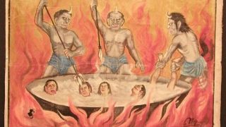 Representación budista de demonios torturando en el infierno a quienes cometieron actos vergonzosos.