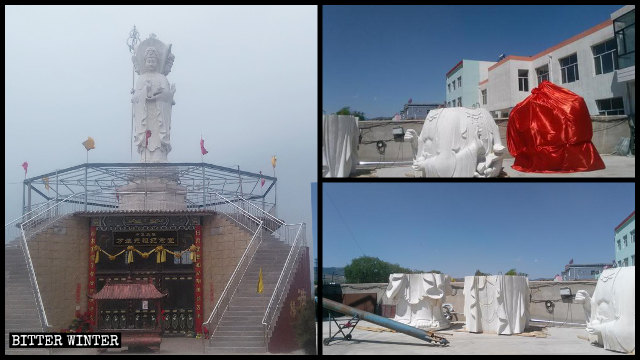 Estatua de Kwan Yin situada dentro del Templo de Xuanlong emplazado en la ciudad de Datong antes y después de ser destrozada.