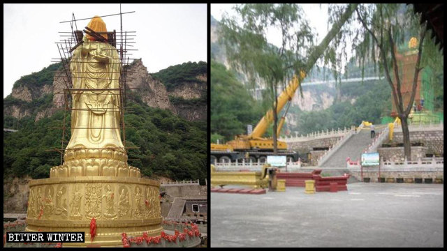 La estatua de Kwan Yin estaba rodeada de andamios, y se utilizó una gran grúa para desmontarla.