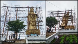 Trabajadores colocan el andamio alrededor de la estatua de Guanyin del templo de Qingguo; en poco tiempo fue derribada.
