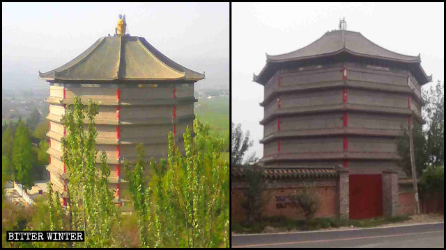 La Pagoda de Haihui antes y después de que el "Buda de tres rostros" fuera retirado de su tejado.
