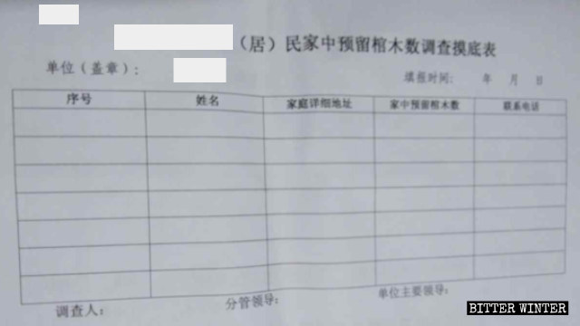Formulario de investigación para verificar la cantidad de ataúdes guardados en los hogares de los residentes de una localidad de la provincia de Jiangxi.