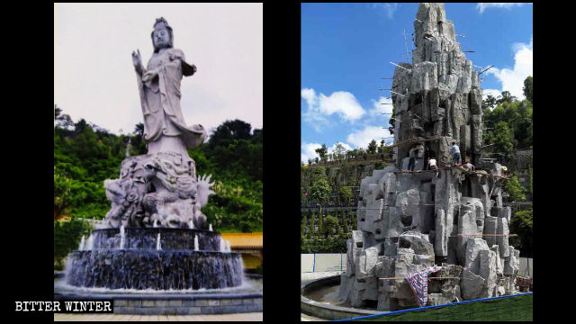 La estatua de “Kwan Yin derramando gotas de agua” situada en el cementerio de Shengquan ha sido escondida detrás de una montaña artificial construida con hormigón armado.