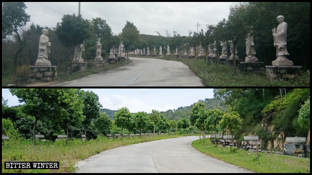 Las estatuas Arhats del Templo de Lingjiu situadas a lo largo de la Avenida de la Peregrinación fueron removidas.