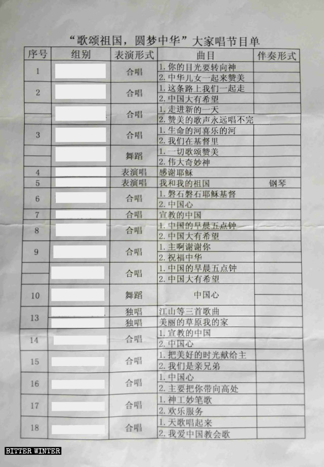 Lista de canciones de “Oda a la patria” y “Cumpliendo el sueño de China” en una iglesia de la provincia de Liaoning.
