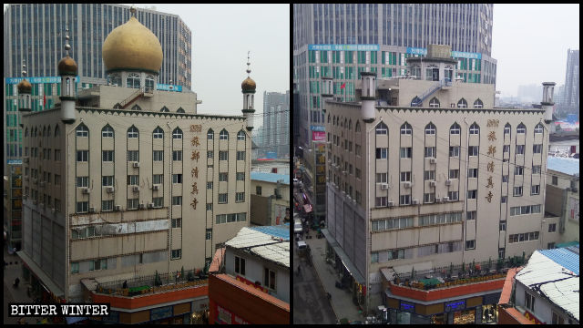 Mezquita de Lüzheng antes y después de que su cúpula y los símbolos de luna creciente fueran eliminados.