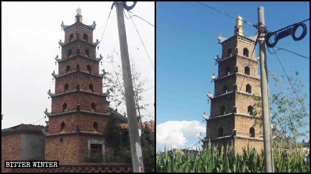 Pagoda budista situada dentro del Templo de Lingying antes y después de que sus estatuas fueran eliminadas.