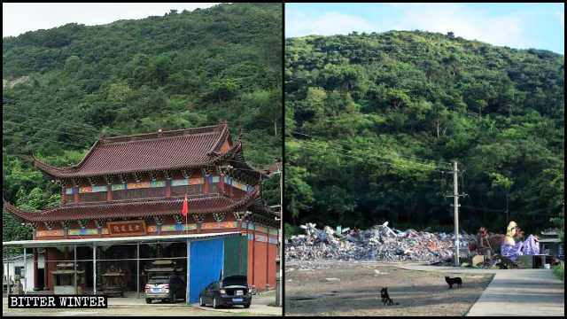 Templo taoísta emplazado en Wenling antes y después de ser demolido por la fuerza.