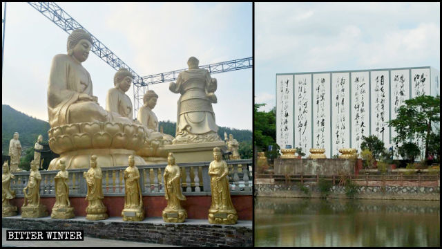 Grandes estatuas budistas situadas en la entrada del área escénica fueron escondidas detrás de láminas de hierro galvanizado.
