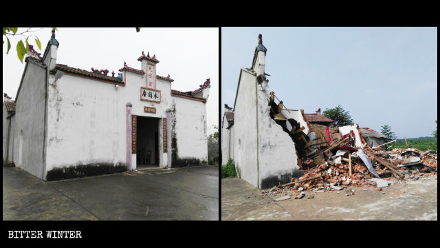 Templo taoísta de Tianqi antes y después de ser destruido.