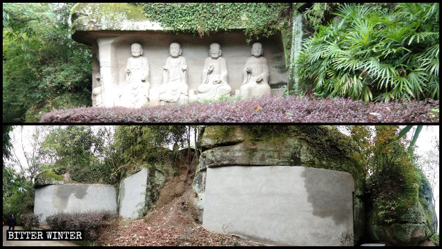Veinticuatro estatuas de Arhats han sido escondidas detrás de muros de ladrillo.