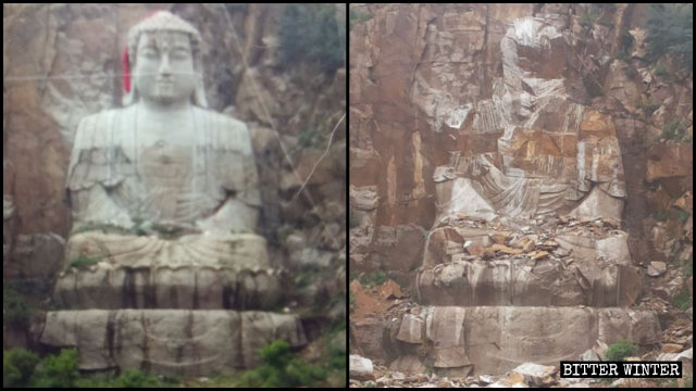 La escultura inacabada de Shakyamuni fue destruida con explosivos a mediados de junio.