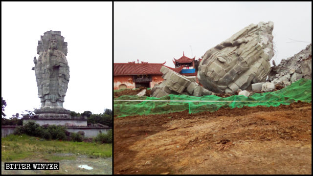 La estatua de “Kwan Yin de los cuatros rostros” antes y después de ser demolida.