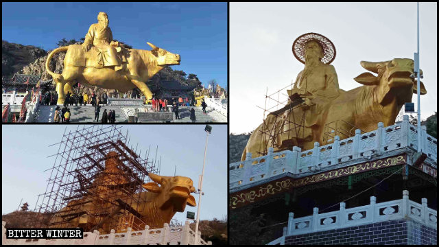 La estatua de Lao-Tzu montado sobre un buey ha sido alterada para que se parezca al escritor chino Cao Xueqin.