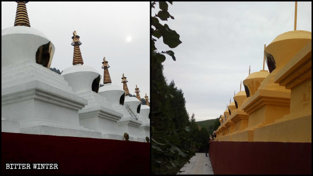 En agosto, las estupas del templo de Shengquan fueron pintadas de amarillo y sus picos dorados fueron retirados.