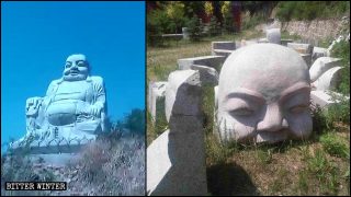 Estatua budista situada en el poblado de Baiqi antes y después de ser demolida.