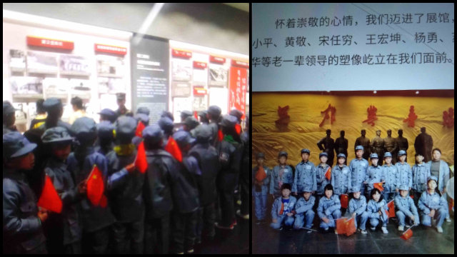 Estudiantes de primaria procedentes de la ciudad de Anyang, en Henán, vestidos con uniformes del Ejército Rojo, participan en un viaje de estudio rojo.