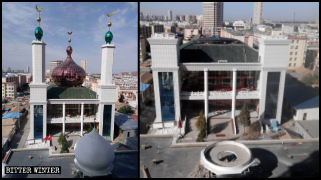 La Mezquita del Norte antes y después de que su techo fuera despojado de sus símbolos islámicos.