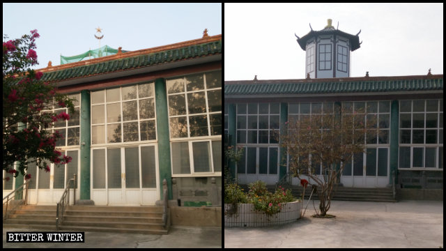 La cúpula en el techo de la mezquita de las mujeres fue reemplazada por un pabellón octogonal de estilo chino.