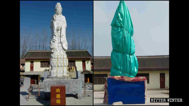 La estatua de Kwan Yin situada en el Templo de Puzhao primero fue cubierta para poder salvarla de la demolición.