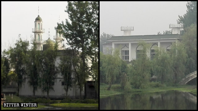 Una mezquita emplazada en la aldea de Xijie del condado de Wuyang antes y después de ser despojada de sus símbolos islámicos.