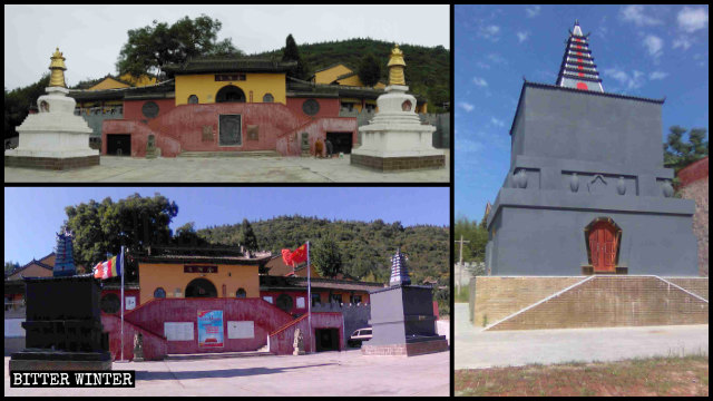 Dos torres blancas tibetanas del Templo de Jinding han sido pintadas de gris.