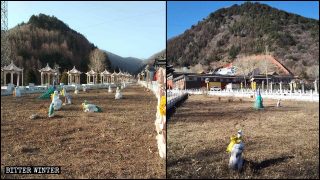 Estatuas situadas al aire libre en el Templo de Baiyun antes y después de ser demolidas.