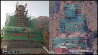 La estatua de Shakyamuni en proceso de ser cubierta.