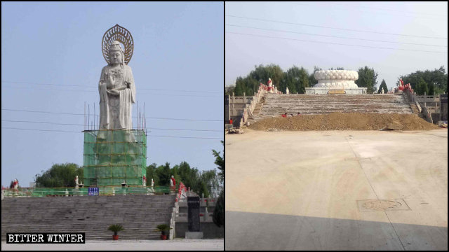 La estatua de Kwan Yin que se hallaba situada en el Templo de Jingye antes y después de ser demolida.