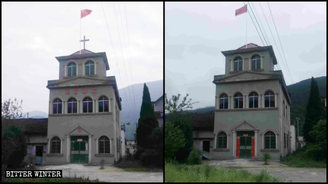 Una iglesia de las Tres Autonomías antes y después de ser despojada de su cruz y de las palabras "Iglesia Cristiana".