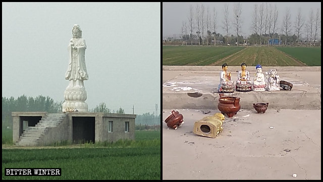 La estatua de Kwan Yin del poblado de Shuangqiao antes y después de ser demolida.